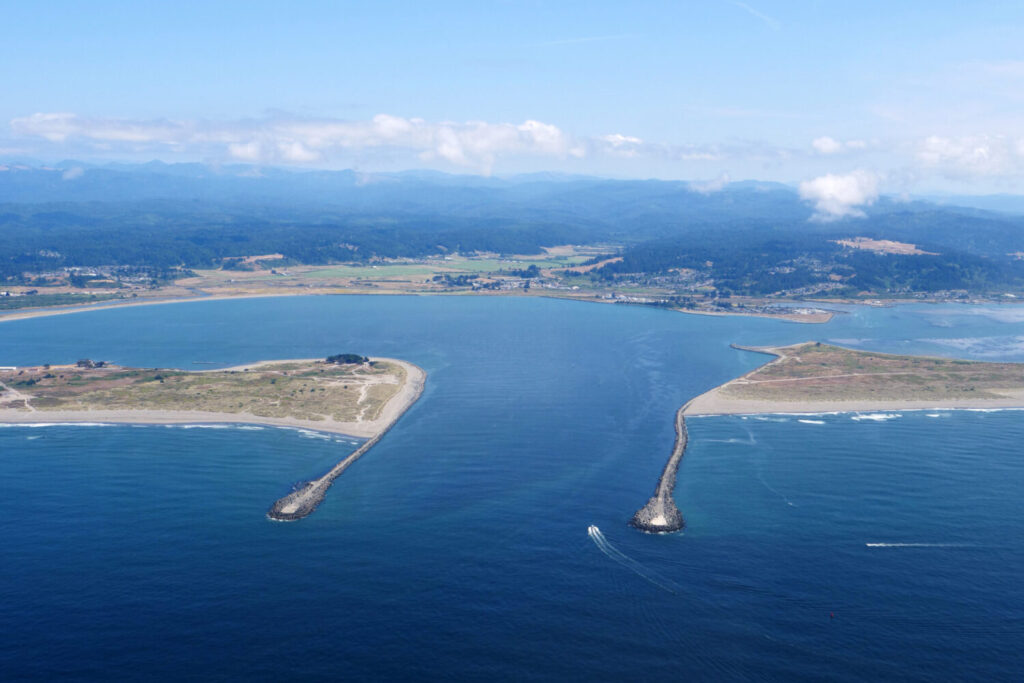 Aerial view of the entrance to Humboldt Bay